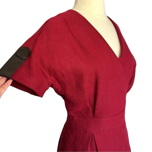 LONGCHAMP Hemp Burgundy Red Faux Wrap Dress Lamb Leather Pockets Career Size 6 - Picture 4 of 16